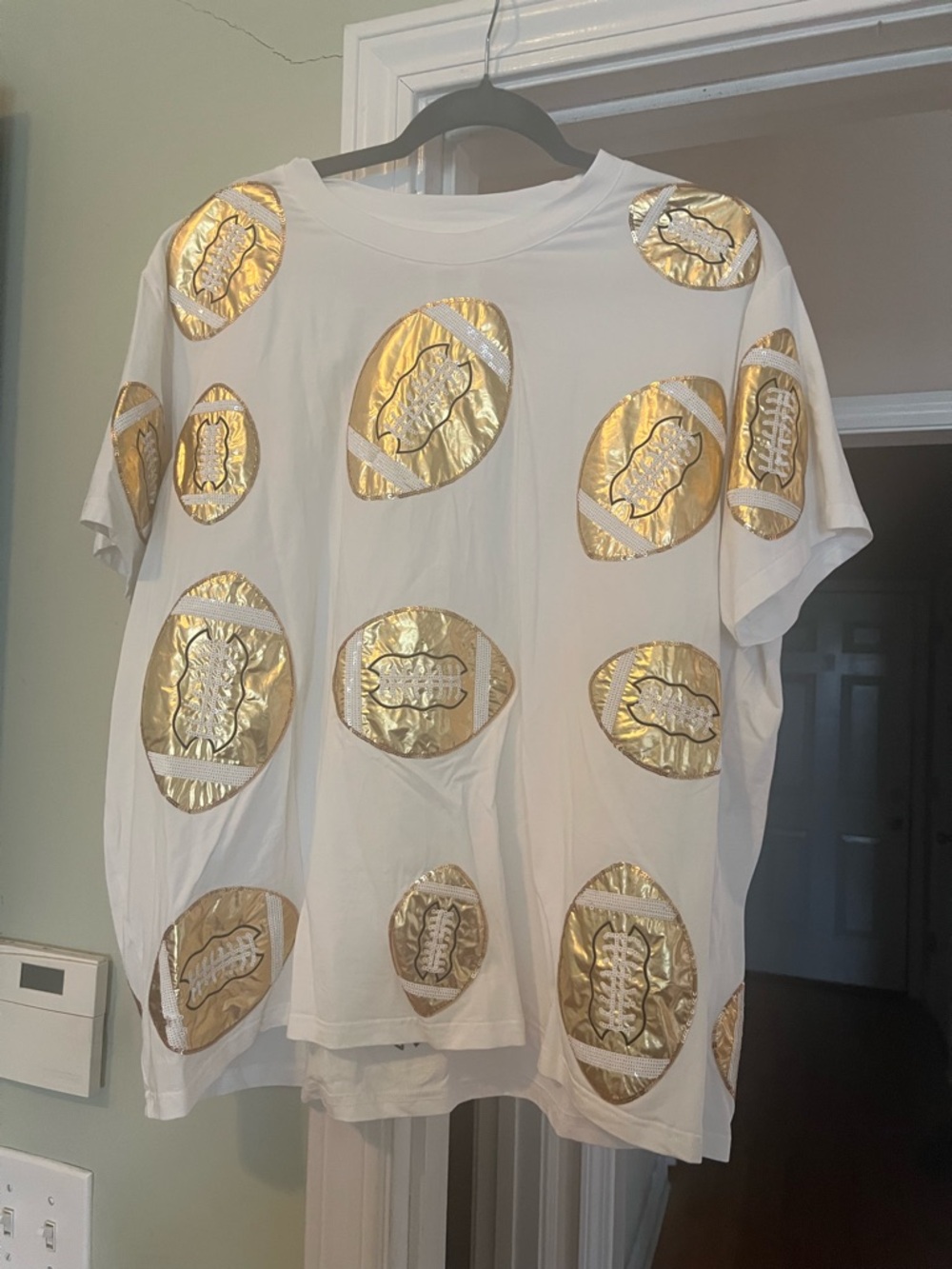 Queen of Sparkles White Tee with Metallic Gold Football Appliqués